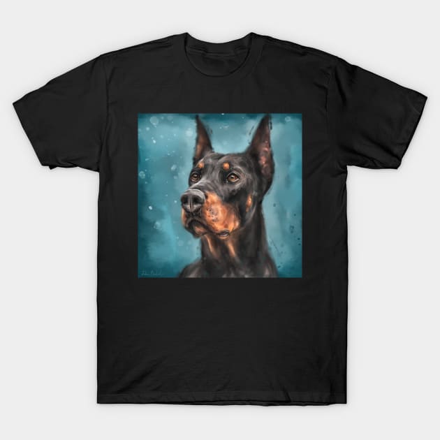 Painting of a Gorgeous Black and Gold Doberman on Dark Blue Background T-Shirt by ibadishi